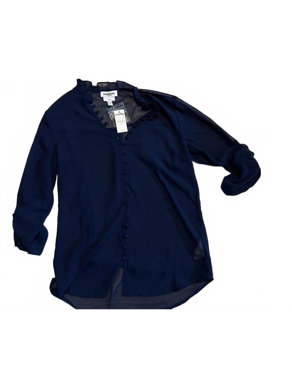 Express Portofino Slim Navy Blue Sheer Button-Up Blouse Size S